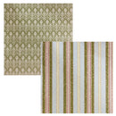 Two square patterned paper shown on a white background: one with an olive green and cream damask pattern, and one with vertical stripes in olive green, cream, dusty red, and light blue-gray.