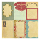 A vintage-style scrapbook paper sheet featuring a 2x3 grid of six different retro-themed paper designs, including labels, lined writing sections, and postcard layouts in muted teal, red, beige, and yellow tones.