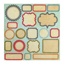 A sheet of vintage-style decorative labels on a light blue textured background. The labels include various shapes such as stars, clouds, circles, and rectangles in beige, red, orange, blue, green, and gray tones with a distressed, aged paper texture.