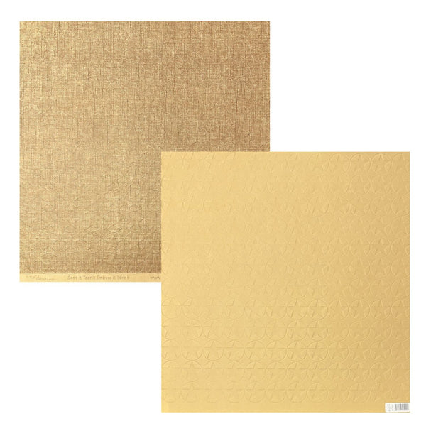 Two square sheets of textured paper in warm metallic gold tones, one with a linen-like weave texture and the other with a subtle embossed geometric pattern, shown on a white background.