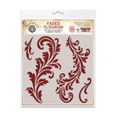 Cosmic Sprinkler 'Faded Flourish' 12x12 inch stencils in a 350 count pack, featuring elegant dark red baroque scroll designs on a light beige background.