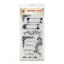 Finishing Touch clear polymer stamp set in a white hanging card package, featuring black ornate scroll and floral stamps plus decorative phrases.