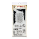Past & Postal clear polymer stamp set in retail packaging, featuring black inked stamp impressions and multiple vintage-style label and seal stamps on a white backing card.