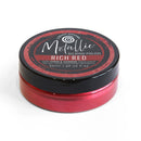 A round tin of Metallic Gilding Polish in the color Rich Red, by Cosmic Shimmer. The product features a black lid with a red and white label, and a metallic pinkish-red base, shown on a clean white background.
