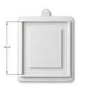 White square decorative wall plate with a recessed center panel and green dimension arrows indicating 94mm height, plus a small embossed XSD mark at the top and a copyright notice for Katy Sue Designs LTD at the bottom.