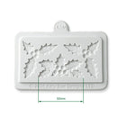 White silicone baking mold with holly leaf patterns, featuring a 50mm dimension marker overlay and a hanging loop at the top.