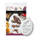 A white oval silicone mould for winter robin clay sculpting, shown next to its retail packaging card by Kath Sue. The packaging features a photo of a winter robin on a branch and the text 'Winter Robin Silicone Mould by Kath Sue'.