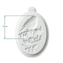 An oval white 3D X-3D silicone mold featuring an embossed bird perched on a branch with leaves and berries, shown with green dimension lines indicating a height of 52mm.