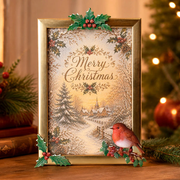 A Christmas-themed picture frame with a gold border, featuring a snowy village scene, 'Merry Christmas' script, holly leaves, and a small robin bird. The frame is displayed on a wooden surface with a softly blurred Christmas tree in the background.