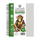 A customisable A5 Art Journal with a 30-sheet count, featuring a green and white cover with a watercolor illustration of a monkey. The spiral binding is black, and a light gray sheet of paper is shown to the right of the cover.