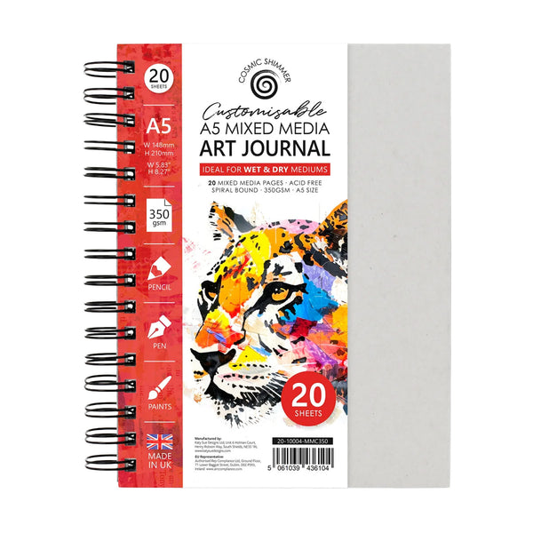 A spiral-bound art journal with a white cover, a red spine band, and a colorful watercolor tiger illustration on the front. The cover text reads 'Customisable A5 Mixed Media Art Journal' and '20 sheets'.