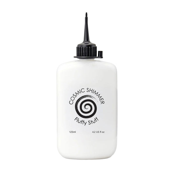 A white squeeze bottle with a black pointed cap and black printed text reading 'COSMIC SHIMMER' and 'FLUFFY STUFF' on the front, shown on a plain white background.
