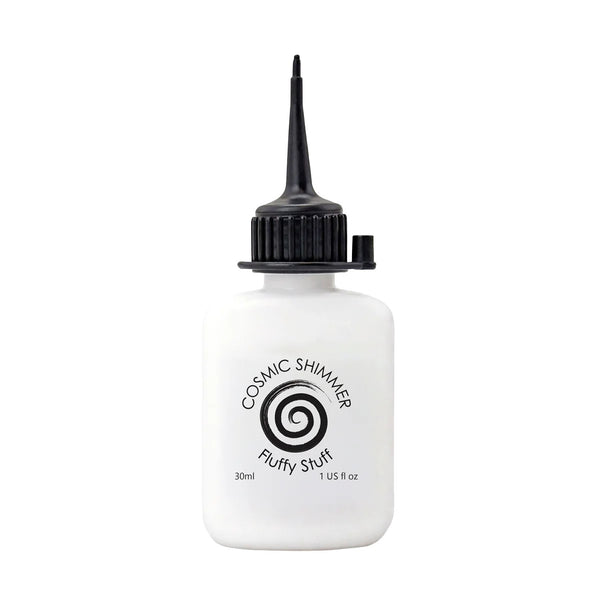 A white squeeze bottle with a black pointed cap, labeled 'COSMIC SHIMMER Fluffy Stuff' on the front, isolated on a white background.