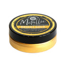 A 30ml round tin of Metallic Gilding Polish in the shade Bright Gold, featuring a black lid with a gold and black label and a metallic gold base, on a white background.