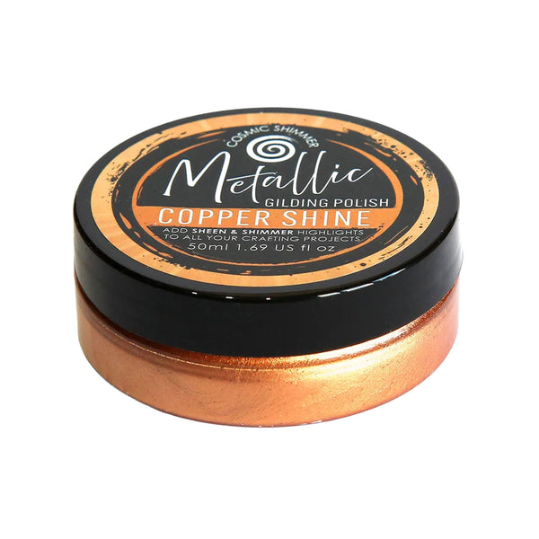 A 50ml jar of Metallic Gilding Polish in Copper Shine, featuring a black lid with a copper-colored metallic label and a matching copper-colored base, on a white background.