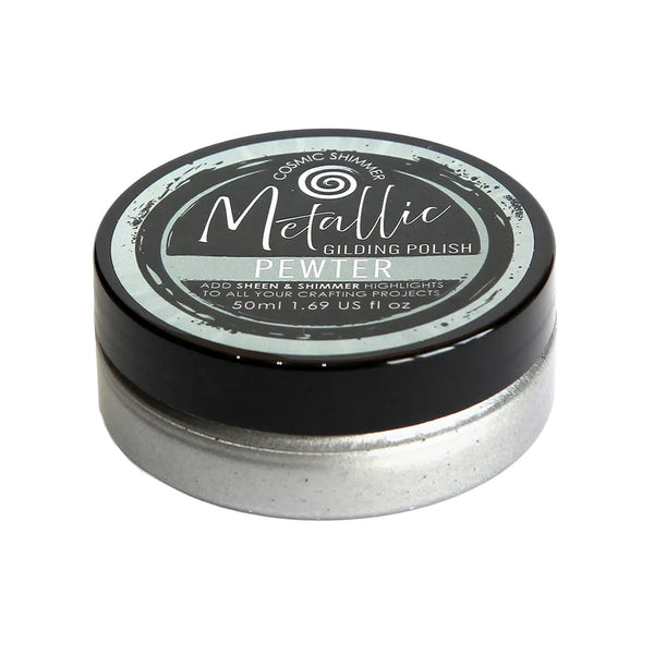 A round metal tin of Metallic Gilding Polish in the shade 'Pewter', featuring a black lid with a silver and black label, set against a plain white background.