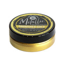 A small round metal tin of Metallic Gilding Polish in Tarnished Gold, featuring a black lid with gold and white lettering and a shiny gold base, on a white background.