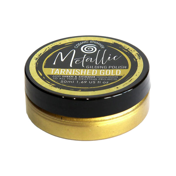 A small round metal tin of Metallic Gilding Polish in Tarnished Gold, featuring a black lid with gold and white lettering and a shiny gold base, on a white background.