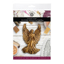 A packaged ceramic silicone mould featuring a detailed golden guardian angel design. The product is shown in its retail packaging with craft supplies like air dry clay, brushes, and resin jars on a white wood background.