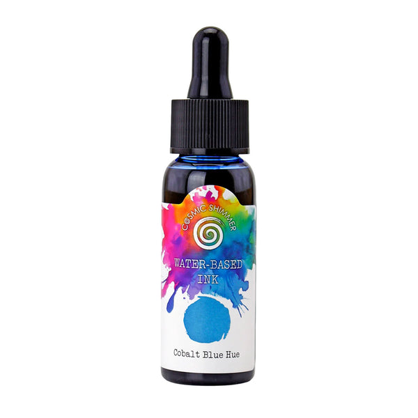 Bottle of water-based ink with a colorful label on a white background