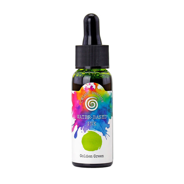 Bottle of water-based ink with a colorful label on a white background