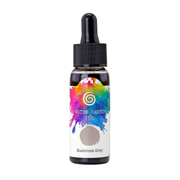 A small glass dropper bottle of Carvings Quillier Water-Based Ink in the shade 'Mushroom Grey', featuring a colorful watercolor splash label on a white background.