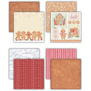 Six decorative paper sheets arranged in a 2x3 grid on a white background, featuring holiday bakery-themed designs including gingerbread figures, a bakery illustration, red-and-white stripes, and textured brown and white patterns.