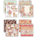 Six sheets of scrapbook paper featuring various gingerbread-themed patterns, including illustrations of gingerbread men, houses, cookies, and holiday decorations, arranged in a grid on a white background.