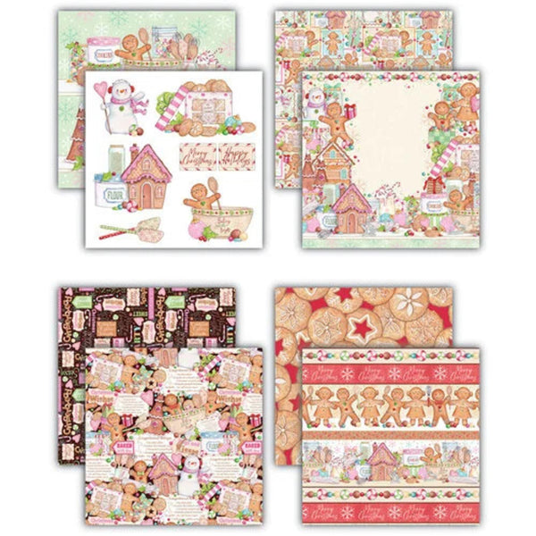 Six sheets of scrapbook paper featuring various gingerbread-themed patterns, including illustrations of gingerbread men, houses, cookies, and holiday decorations, arranged in a grid on a white background.