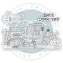 A clear acrylic or plastic cookie cutter set shaped like a bakery scene, featuring a gingerbread person, jars of cookies, baking tools, and the words 'Special Cookie Tester' and 'Baking sugar life.' The product is shown on a white background with a faint circular watermark.
