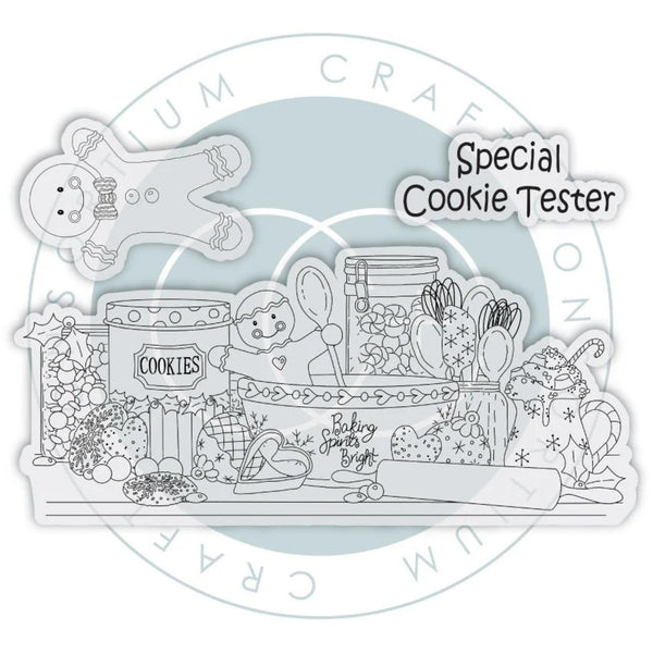 A clear acrylic or plastic cookie cutter set shaped like a bakery scene, featuring a gingerbread person, jars of cookies, baking tools, and the words 'Special Cookie Tester' and 'Baking sugar life.' The product is shown on a white background with a faint circular watermark.