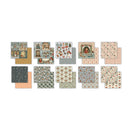 A set of 12 square patterned paper squares arranged in two rows on a plain white background. The designs feature vintage-style illustrations, floral motifs, geometric patterns, and solid colors including beige, pink, blue, green, and orange.