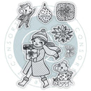 A sheet of black and white winter-themed illustrations with die-cut outlines, featuring a girl in a knit hat and scarf carrying a gift, a mouse in a hat, a mouse with a bag, ornaments, a flower, bows, and other holiday motifs. A faint circular 'CONSORT' watermark is visible behind the illustrations.