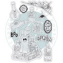 A sheet of clear vinyl or rubber stamps featuring Halloween-themed illustrations, including bottles, a ghost, spider, moon dust, and spells, arranged on a white background with a pale blue circular backdrop.