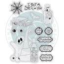 A sheet of Halloween-themed clear stamp designs featuring a ghost, potion bottle, spiders, books, bats, spiderhair, snake scales, truth serum, apothecary, and the phrase 'I Put a Spell on You' on a pale blue circular background.
