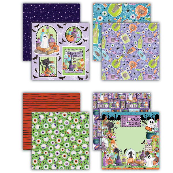 A set of Halloween-themed patterned paper sheets arranged in a 2x3 grid on a white background. The designs include a dark purple starry night pattern, a purple pattern with musical instruments and ghosts, a red striped pattern, a green pattern with eyeballs, and a colorful haunted house scene with a black cat.