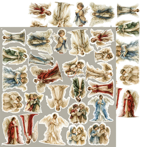 A sheet of vintage-style angel stickers or decoupage cutouts arranged on a light gray background. The illustrations show multiple angels in flowing robes with large wings, rendered in soft pastel tones including cream, beige, blue, red, and green.