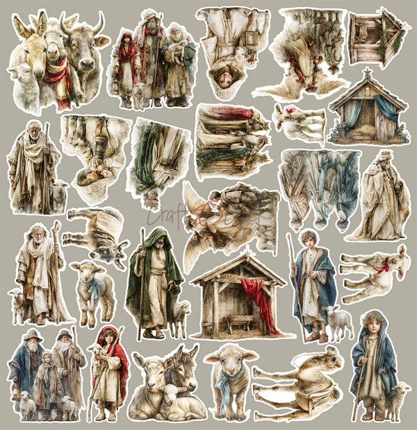 A sheet of vintage-style illustrated stickers or decoupage elements featuring religious figures, animals, and small rustic structures on a light gray background.