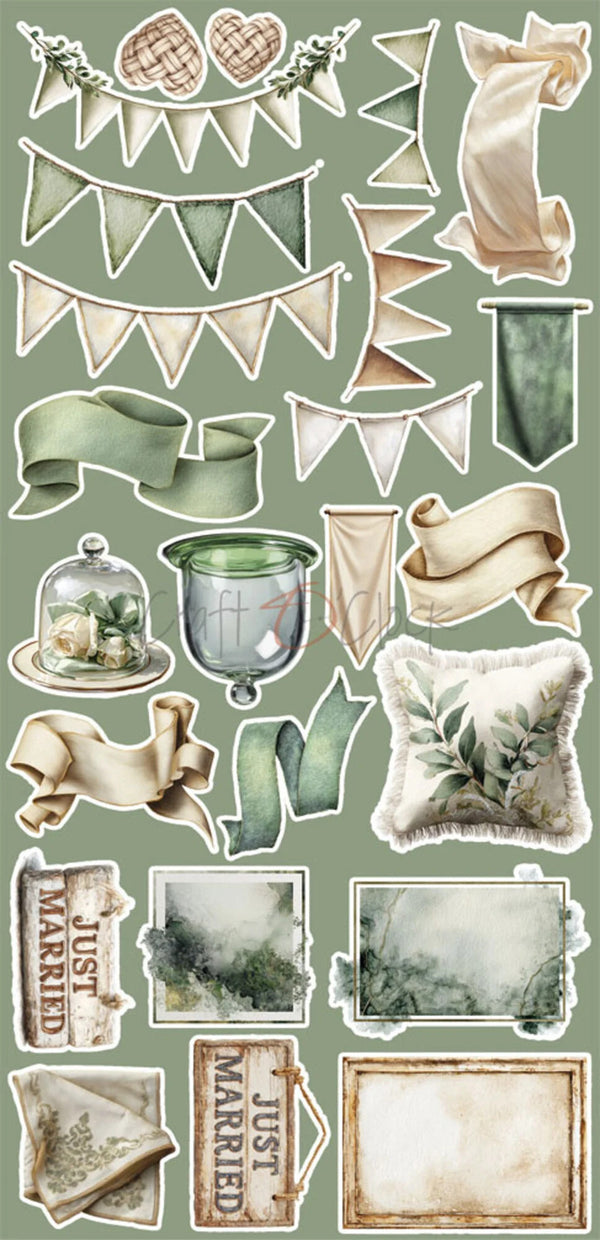 Collection of decorative elements including banners, ribbons, and frames on a green background
