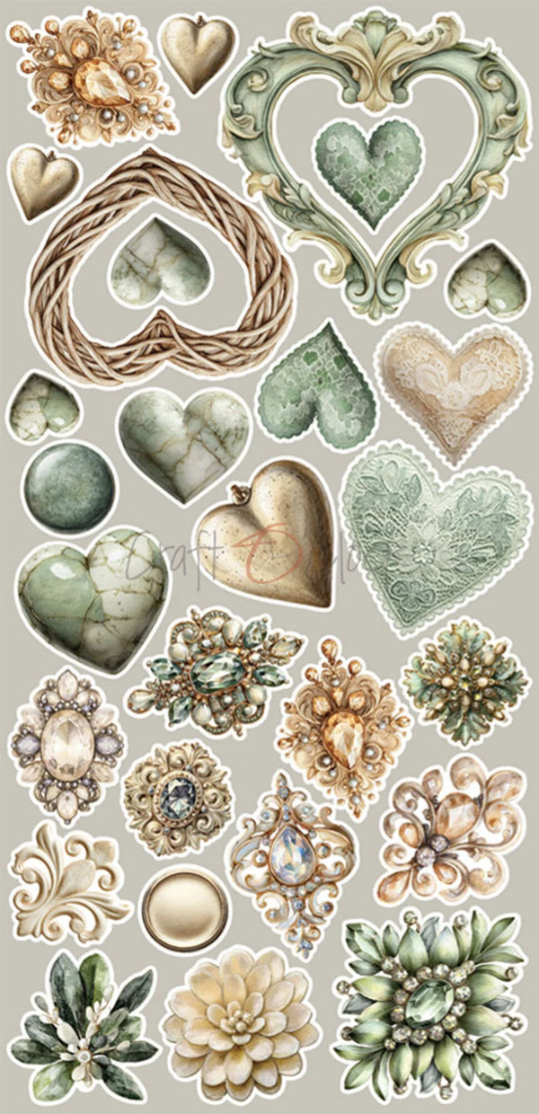 Decorative stickers with hearts, flowers, and ornate designs on a light gray background