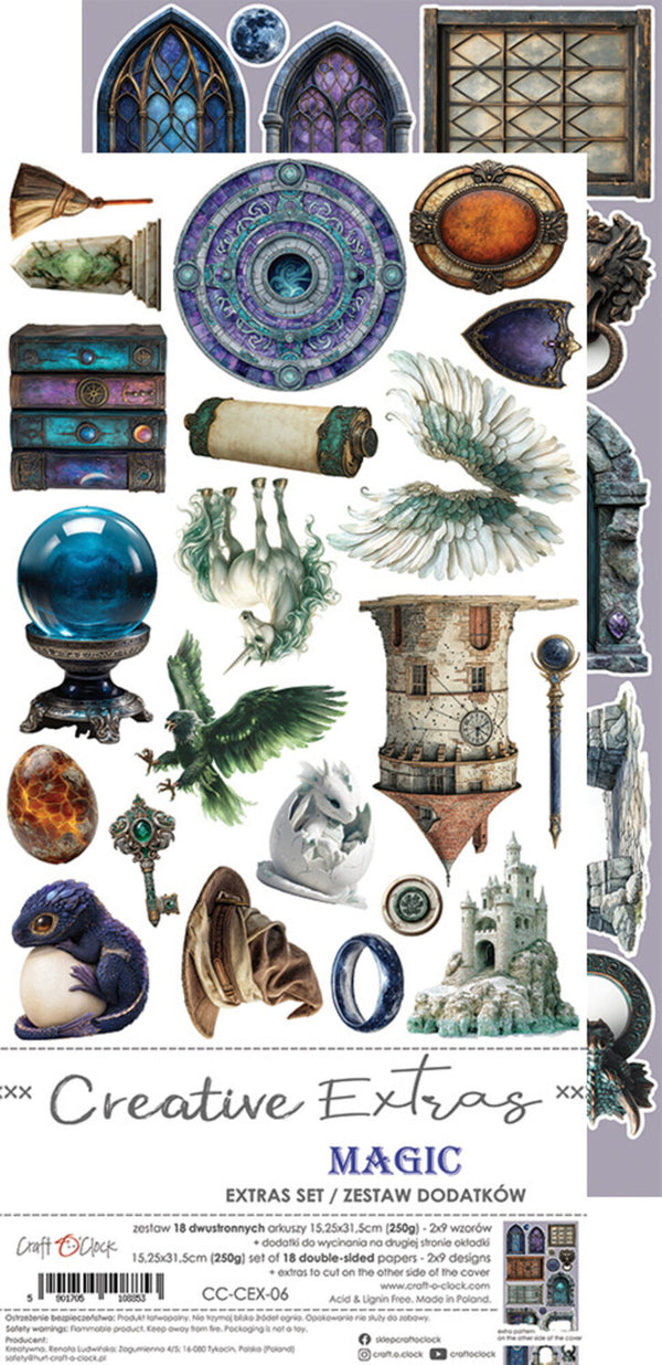 Set of fantasy-themed stickers including magical objects and creatures on a white background.