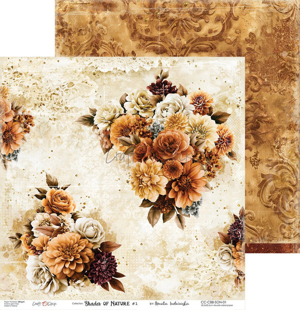 A decorative paper sheet with a vintage floral print layered over a patterned gold-toned backing. The main sheet features cream, tan, orange, and burgundy flowers with lace-like distressed texture.