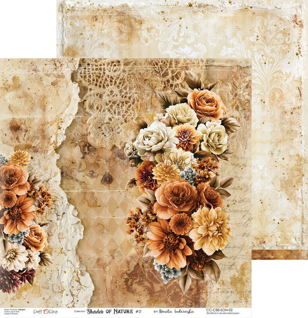 A vintage-style floral paper design sheet with layered beige and cream textures, lace-like patterns, torn paper edges, and clusters of orange, tan, cream, and muted blue flowers. Small printed text along the bottom reads 'Shades of Nature' and includes the brand 'Craft Scope'.