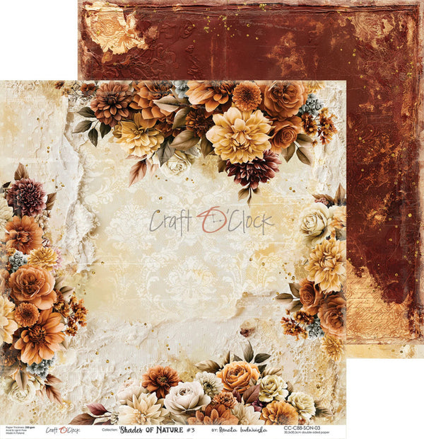 A decorative scrapbook paper sheet with a vintage floral border and a second textured paper layer behind it. The design features warm autumn tones including beige, brown, rust, cream, and muted orange, with distressed textures and floral clusters in the corners.