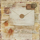 A vintage-style collage artwork featuring an off-white envelope with a wax seal, layered over aged handwritten letters, postage stamps, and distressed paper textures in warm beige, brown, and cream tones.