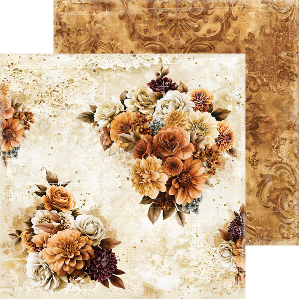 Two decorative paper sheets with a vintage floral design, featuring cream, tan, and brown damask patterns and bouquets of flowers in warm autumn tones.