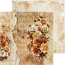 A vintage-style floral collage design with layered beige and brown distressed paper textures, lace motifs, and clusters of flowers in warm tan, cream, rust, and muted blue tones.