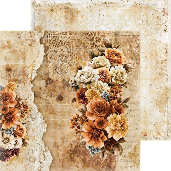 A vintage-style floral collage design with layered beige and brown distressed paper textures, lace motifs, and clusters of flowers in warm tan, cream, rust, and muted blue tones.