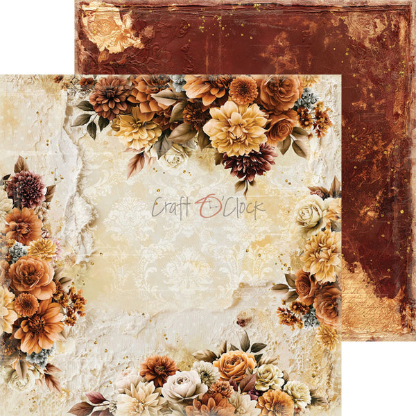 A decorative scrapbook paper sheet with a vintage floral border in warm autumn tones, layered over a textured brown paper background. The floral design features cream, tan, orange, and burgundy flowers with green leaves on a distressed cream center.