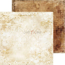 Two square sheets of scrapbook paper with distressed vintage textures, one in cream with gold glitter and lace-like patterns, and one in brown with a rustic wood-grain effect, shown on a white background.